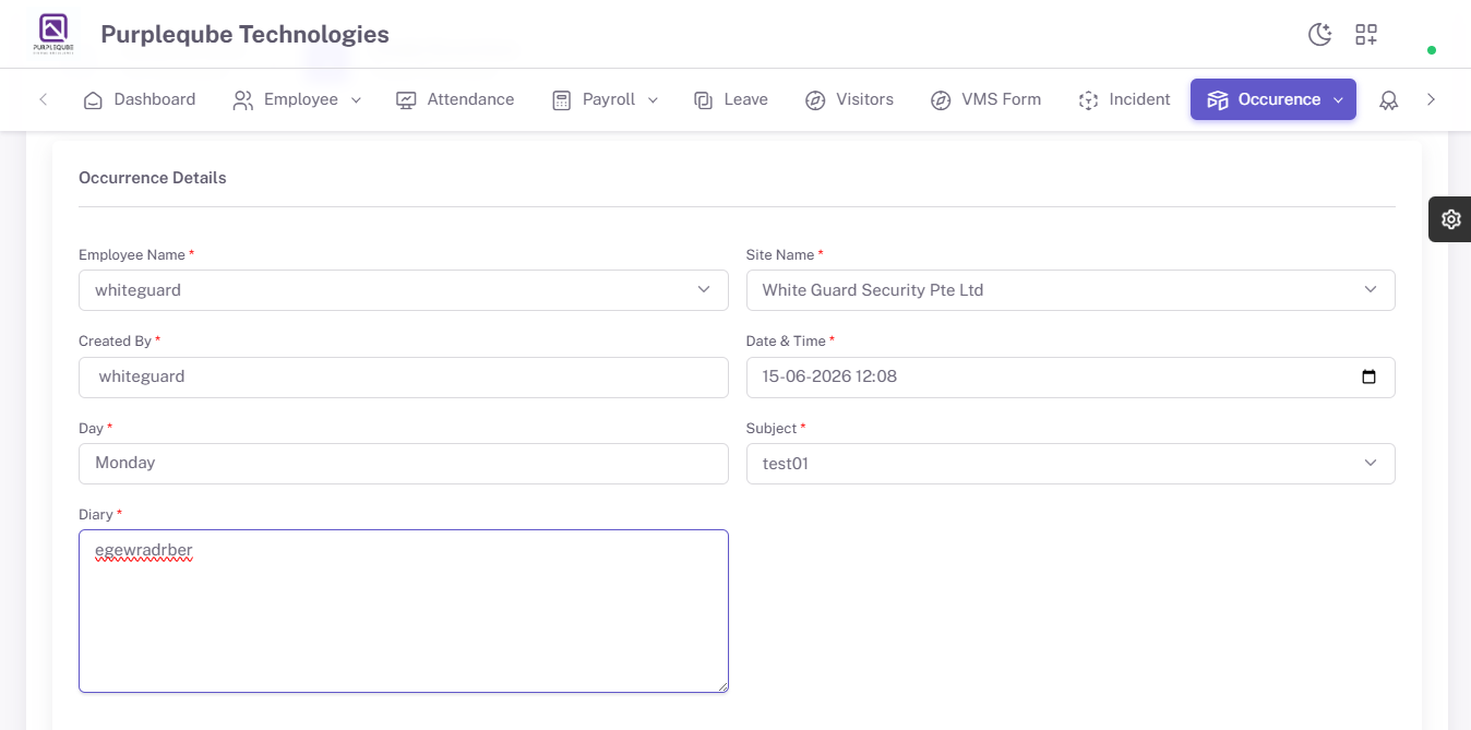 Create Occurrence Form